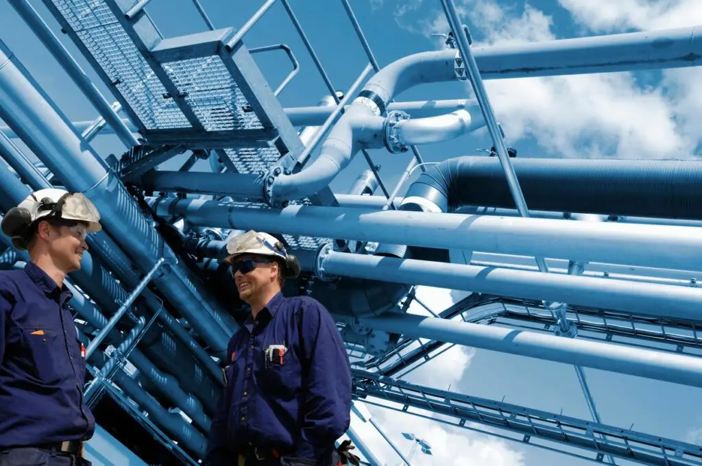 Two Men in Navy Blue Uniform Talking Under Large Pipes